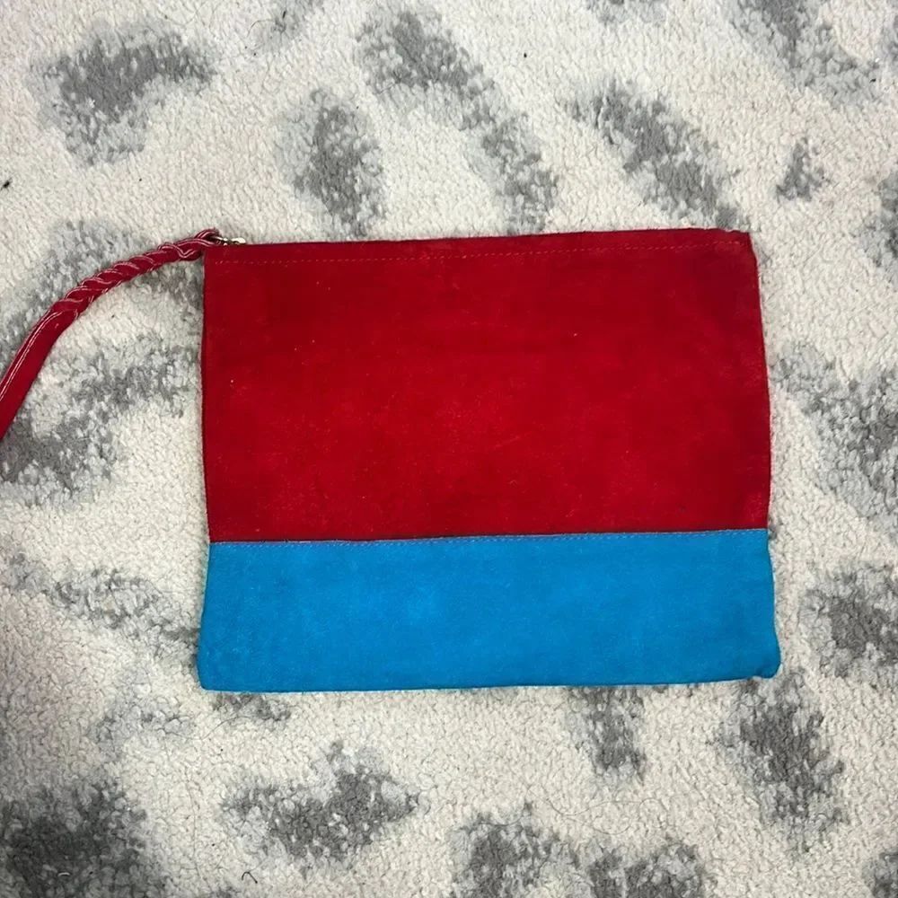 Red and Blue Suede Clutch - Small Pouch - NEW Never Worn - Zipper Closure
